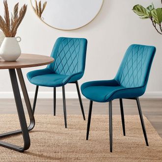 Furniturebox Set of 2 Pesaro Luxury Velvet Dining Chairs With Diamond Stitched Back & Black Metal Legs in Blue