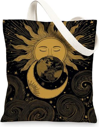 Generic Celestial Canvas Tote Bag, Artistic Reusable Grocery Bags, Lightweight Natural Cotton Shoulder Strap Bags 13x15 Inch