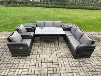 Fimous Outdoor Garden Patio Furniture Wicker Rattan Oblong Rectangular Dining Table & Lounge Sofa set with 2 Side Table Dark Grey Mixed
