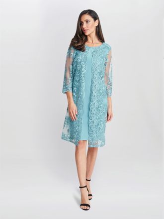 Gina Bacconi Womens Jill Embroidered Lace Mock Jacket Dress - Teal - Size 10 UK