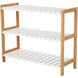 OEM Zapatero De 3 Niveles, De Madera De Pino Con 3 Estantes De Listones, Para Sal&oacute;n O Pasillo, 70 X 26 X 57,5 Cm, Blanco Y Efecto Madera Natural -crezuo