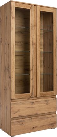 MID.YOU Mid.you Vitrine, Eichefarben, Glas, 3 Fächer, 2 Schubladen, 80x191x40 cm, Esszimmer, Vitrinen