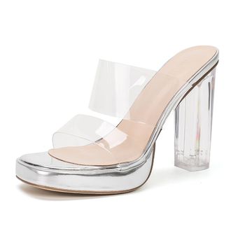Generic Womens Clear Transparent Platform Mules Square Toe Slip On Sandals Chunky Lucite Block Heel Modern Futuristic Style Summer Shoes Trendy,Silver 7cm,4.5