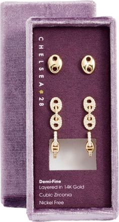 Chelsea28 3-Pack Cubic Zirconia Earrings in Clear- Gold at Nordstrom