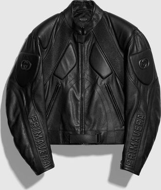 Gucci Soft Grainy Bull Leather Biker Jacket, Size XXL, Black