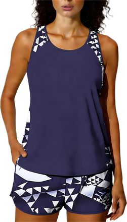 Generic Tankini Sets for Women 2 Piece Swimming Costume Athletic Bathing Suits Hawaiian Tropical Print Modest Swimwear Loose Fit Tank Top with Swim Shorts Pad