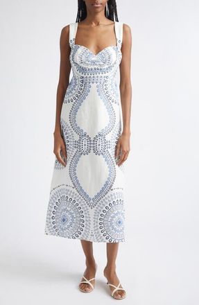 Reiss Addison Shell Print Linen Midi Dress in Ivory/blue at Nordstrom, Size 12