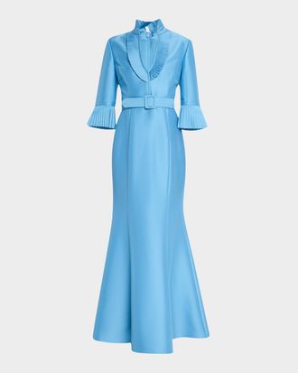 Badgley Mischka Pleated-Trim Trumpet Mikado Gown