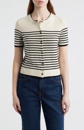 Rag & Bone Anne Stripe Short Sleeve Wool Cardigan in Ivory at Nordstrom, Size Xx-Small