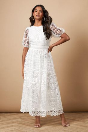 Oasis Womens Lace Puff Sleeve Midaxi Dress - White - Size 12 UK