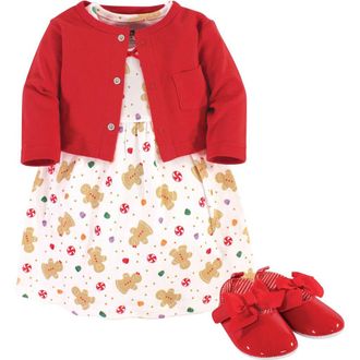 Hudson Baby Cotton Dress, Cardigan and Shoe Set in Sugar Spice at Nordstrom, Size 0-3M