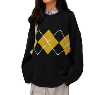 Generic Womens Classic Long Sleeve Sweaters Fall Argyle Plaid Crewneck Loose Knit Pullover Tops (Black)