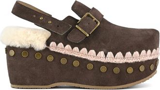 Mou Clogs, female, Brown, Size: 10 US Sheepskin Backstrap Clog with Crochet Stitching