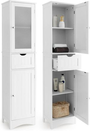 Costway Costway Armario Alto De Ba&ntilde;o Con 2 Puertas Y 1 Caj&oacute;n, Armario Independiente Con Estantes Ajustables Y Puerta De Vidrio Esmerilado, Mueble Columna De B