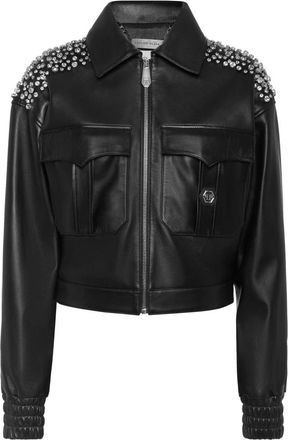 Philipp Plein Boxy Cargo Bomber Deluxe Signature - Dames - Leren en Su&egrave;de Jassen - Zwart - M - Leer - Jassen