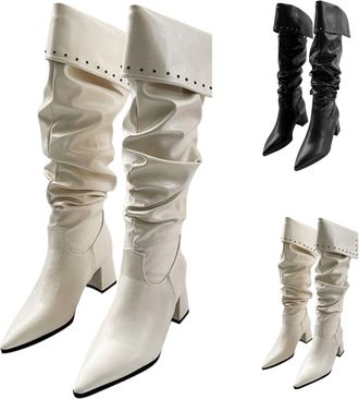 Generic Knee High Boots for Women UK Ladies Leather Slouchy Boots Chunky Block Mid-Heel Shoes Casual Slip On Shoes Non-Slip Western Pointed Toe Thick Bottom B