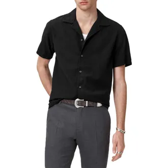 John Varvatos Cotton Seersucker Camp Shirt in Black at Nordstrom, Size Xx-Large