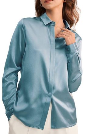 LilySilk Basic Concealed Placket Silk Shirt in Blue Haze at Nordstrom, Size Medium