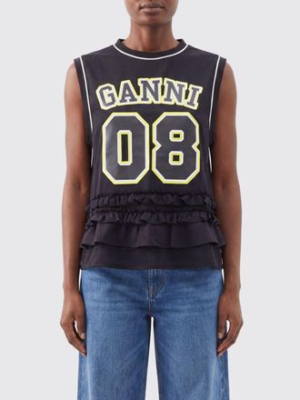 Ganni Top smanicato in poliestere con logo stampato e balze