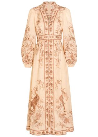 Zimmermann Indra Printed Plunge Linen Midi Dress - Cream - 4 (UK 16 / XL)