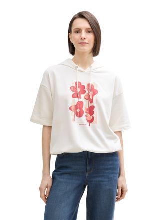 Tom Tailor Hoodie TOM TAILOR, Damen, Gr. XS (34), weiss (whisper wei&szlig;), Sweatware, Obermaterial: 60% Baumwolle, 40% Polyester, bedruckt, regular fit taillenbedec