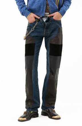 Versace Leather Patchwork Straight Leg Jeans in Dirty Blue Black at Nordstrom, Size 32