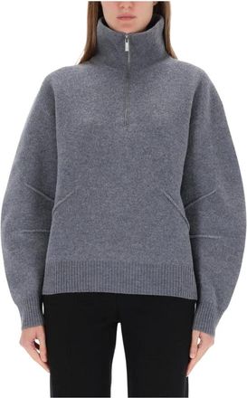 Helmut Lang Half-Zip Mock Neck Sweater - Dames - Vesten met rits - Grijs - L - Wol - Hoodies & sweatvesten