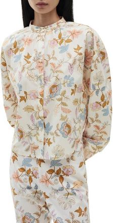 Mango Floral Cotton Band Collar Button-Up Shirt in Ecru at Nordstrom, Size 8