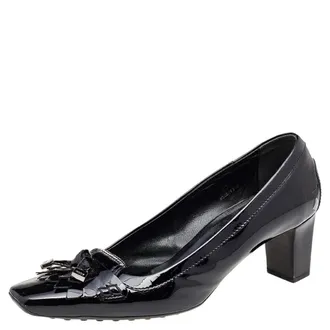 Tod's Tods Black Patent Leather Fringe Square Toe Pumps