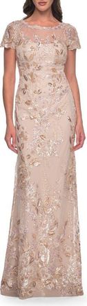 La Femme Fitted Chic Beaded Dress with Illusion Neckline and Short Sleeves in Champagne at Nordstrom, Size 16