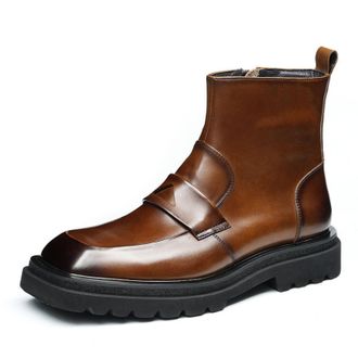 Generic Mens Square Toe Leather Ankle Boots Chunky Heel Platform Short Boots Low Heel Casual Booties with Side Zipper,Brown,5.5 UK