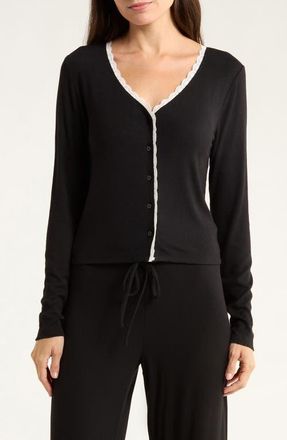 Open Edit Daydream Lace Trim Rib Button-Up Lounge Top in Black at Nordstrom, Size X-Small