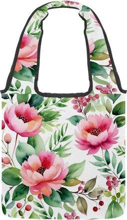 Generic Flowers and Green Leaves Reversible Canvas Shoulder Tote - Double-Sided Print, 12oz Cotton, 27cm Drop, Fold-Flat Bag for Travel, Shopping, Street Outi