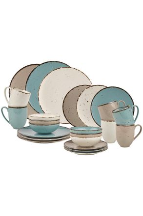 Landscape Kombiservice, Türkis, Weiß, Taupe, Keramik, 24-teilig, Used look, 400 ml,600 ml, Lfgb, Geschirr, Geschirrsets, Kombiservice