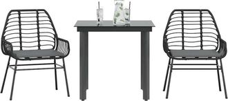 vidaXL Set Comedor Jard&iacute;n 3 Pzas Cojines Rat&aacute;n Sint&eacute;tico Vidrio Negro Vidaxl