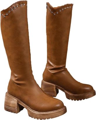 Generic Womens Thick Warm Pu Leather Winter Elegant Office Party Casual Knee High Boot