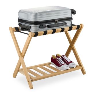 Relaxdays Relaxdays - Soporte Para Maletas, Plegable, 56 X 68,5 X 41,5 Cm, Portamaletas Hotel Con Balda, Reposamaletas, Natural