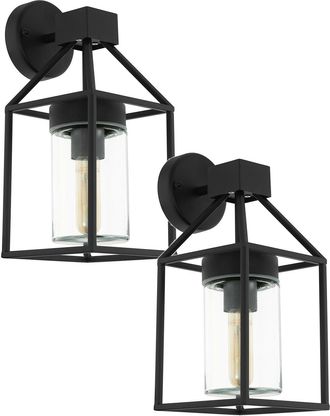 Loops 2 PACK IP44 Outdoor Wall Light Black & Square Glass shade 60W E27 Porch Lamp