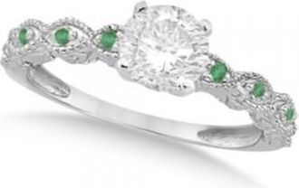 Allurez Vintage Diamond & Emerald Engagement Ring 14k White Gold 0.50ct