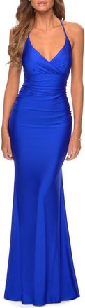 La Femme Empire Waist Dress with Ruching and Lace Up Back in Royal Blue at Nordstrom, Size 12