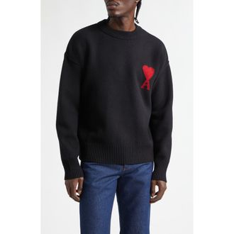 Ami Ami de Coeur Monogram Crewneck Sweater in 009 Noir/rouge at Nordstrom, Size Xx-Large