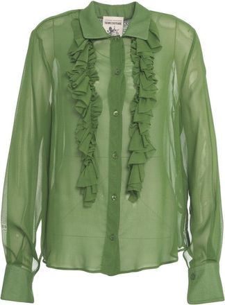 Semicouture Sheer Green Blouse With Cascading Ruffles And Classic Collar