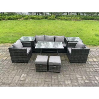 Fimous Fimous Rattan Outdoor Furniture Sofa Garden Dining Set with Dining Table 2 Armchairs 2 Side Tables Small Stools Dark Grey Mixed