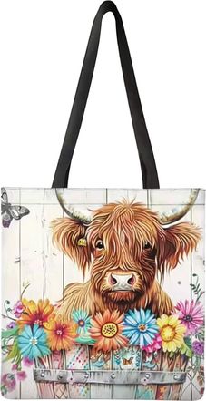 Generic Highland Cow Tote Bag, Double-Sided Printed Canvas Shoulder Bag with Checkered Pattern, Spacious Reusable Bag for Shopping Work Travel, Ideal Gifts fo
