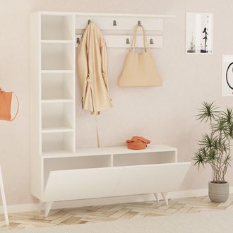 Dmora Mueble De Entrada Gordona, Perchero, 6 Estantes, Apertura Abatible, 120x32x162h Cm Blanco