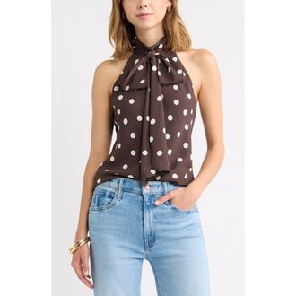 Open Edit Scarf Detail Sleeveless Mock Neck Top in Brown- Ivory Dottie Dots at Nordstrom, Size Xx-Small