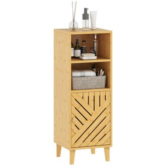 OEM Armario De Ba&ntilde;o Estrecho Mueble Auxiliar De Ba&ntilde;o Con 2 Estantes Abiertos Puerta Y Patas De Bamb&uacute; 32x30x90 Cm Natural