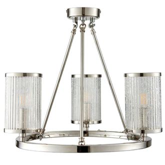 Loops 3 Light Chandelier Pendant Nickel Ribbed Glass Shade Hanging Ceiling Lamp Holder in Metallics