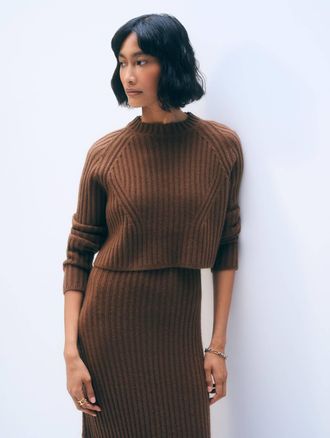 White + Warren Cropped Ribbed Crew Sweater In Umber