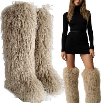 Generic Fluffy Thigh High Boots, 28in Over The Knee Fluffy Boots For Women, Black Thigh High Fur Shoes, Tall Furry Shoes (11.5,Khaki)